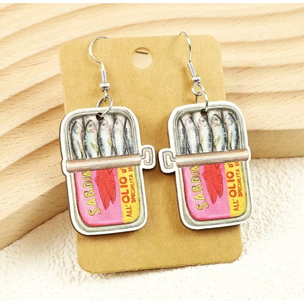 Sardine Tin Can Dangle Earrings Foodie Kitsch Quirky Jewelry New